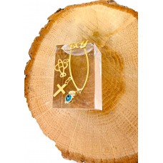 Παραμάνα Σε Κίτρινο Χρυσό 9Κ - "BOY", Αεροπλάνο, σταυρός και μπλε ματάκι (KID182)